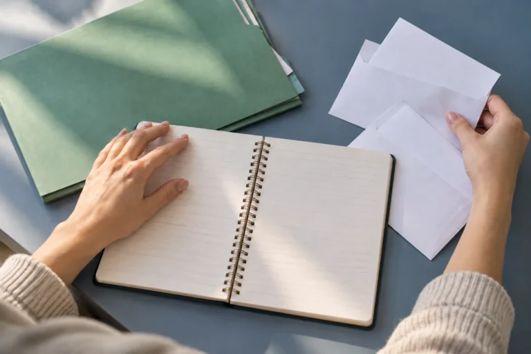 Mãos organizam caderno, pasta e envelopes sobre uma mesa.