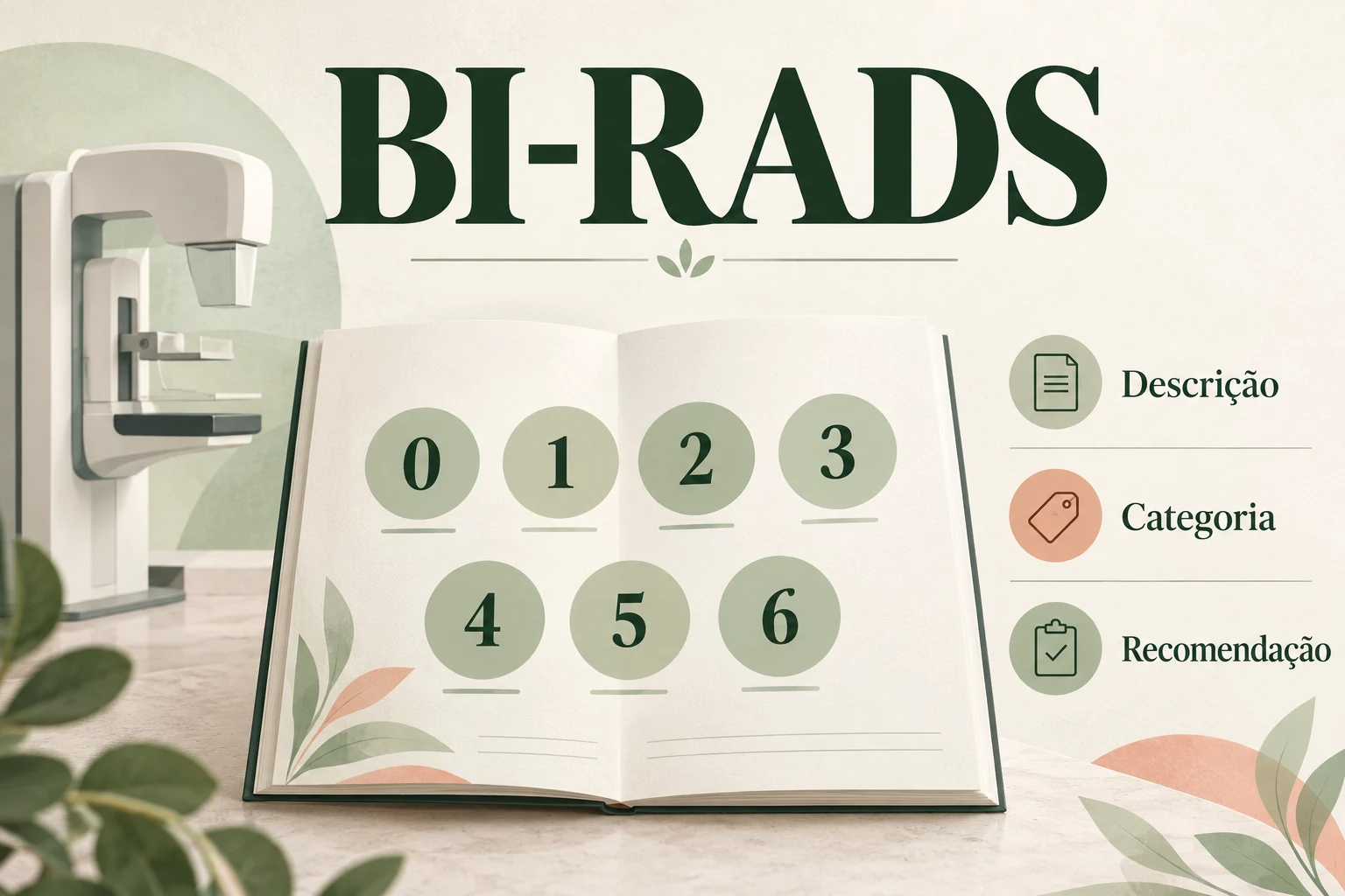 Composição com mamógrafo, categorias BI-RADS de zero a seis e os termos descrição, categoria e recomendação.