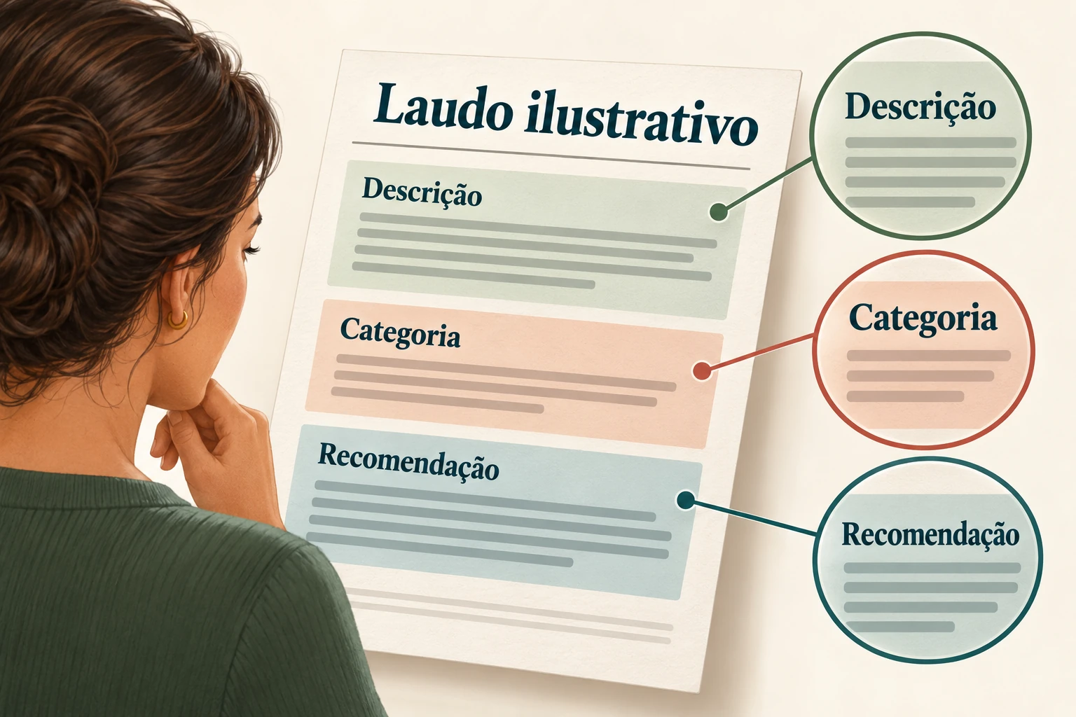 Laudo fictício ampliado com descrição, categoria e recomendação claramente separados.