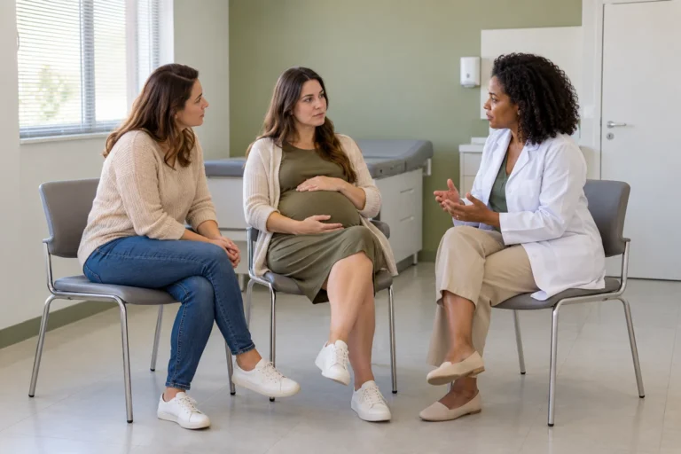 Gestante e acompanhante conversam com médica em uma sala reservada.