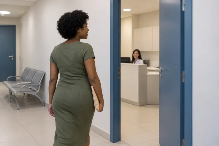 Mulher com pasta chega a uma área de atendimento.