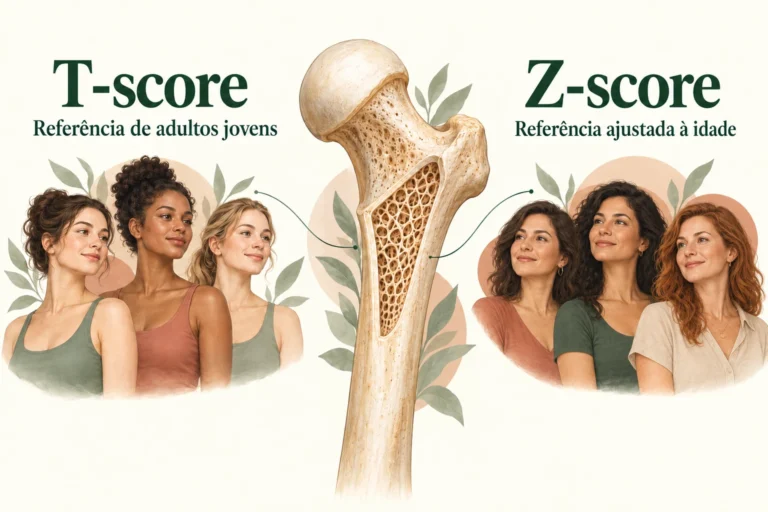 Ilustração óssea entre os textos T-score, referência de adultos jovens, e Z-score, referência ajustada à idade.