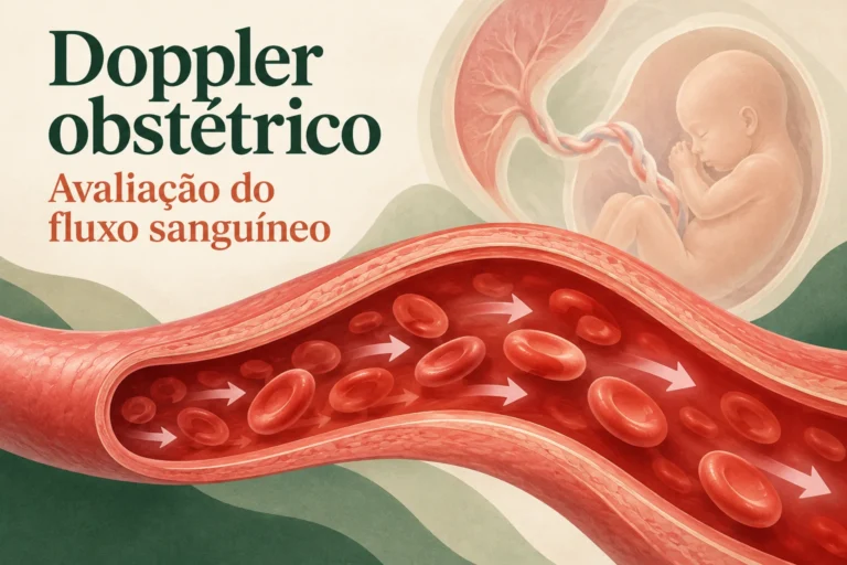 Vaso ilustrativo com setas de fluxo sanguíneo, tendo uma gestação em segundo plano.
