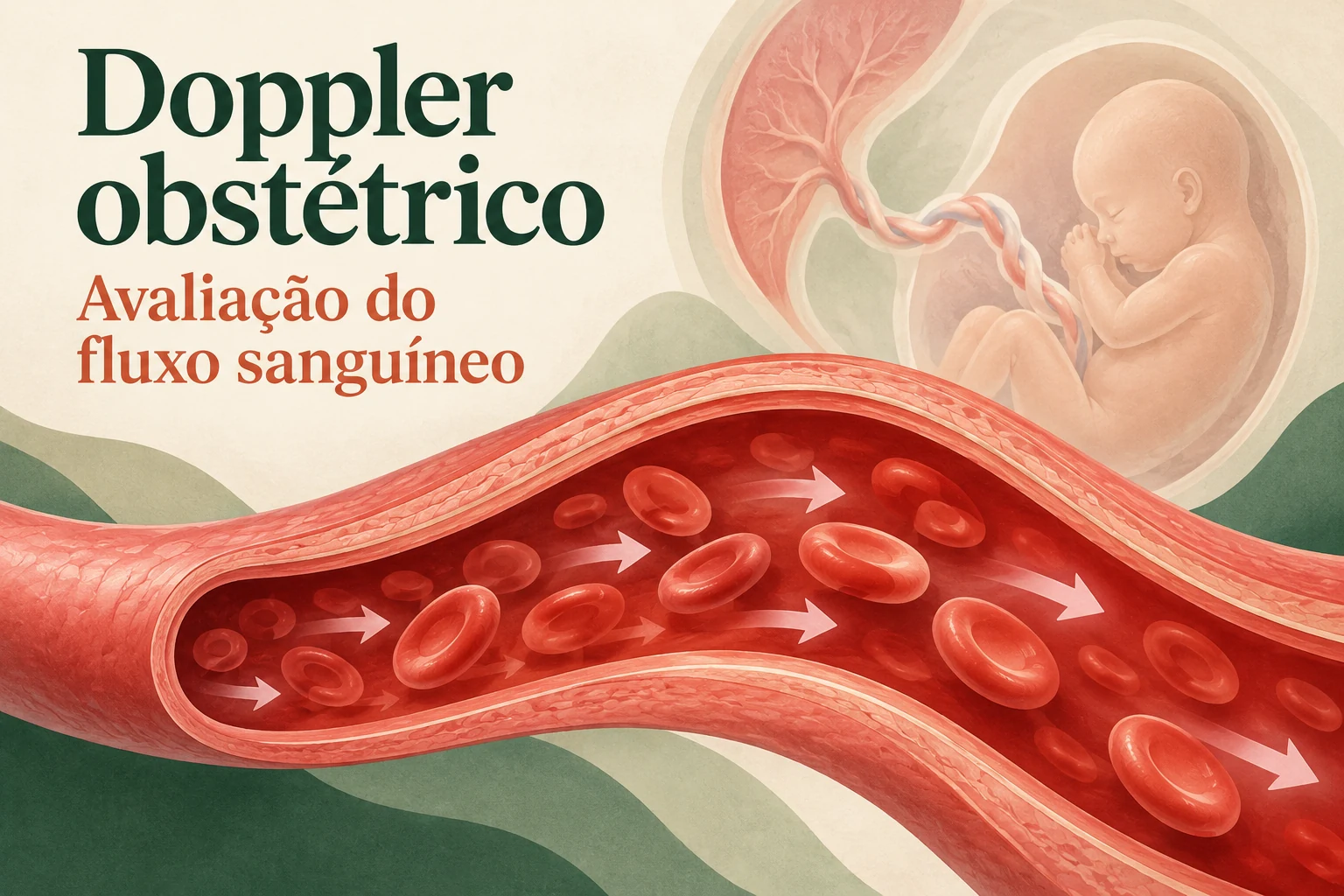 Vaso ilustrativo com setas de fluxo sanguíneo, tendo uma gestação em segundo plano.