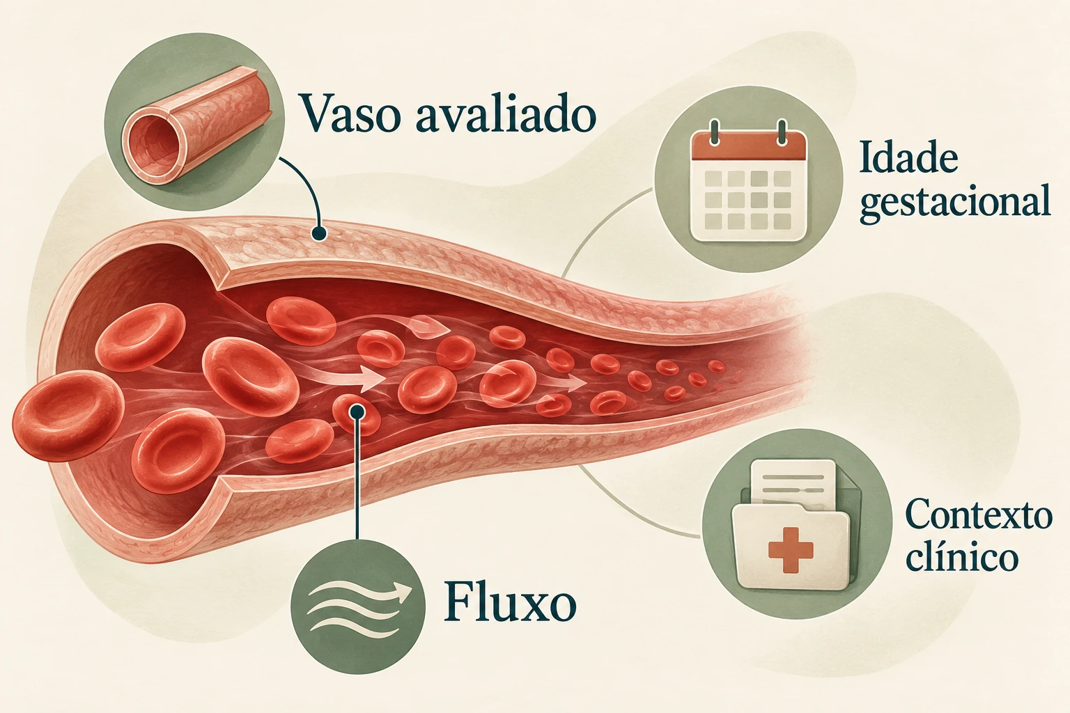 Representação conceitual de fluxo ligada a vaso, idade gestacional e contexto.