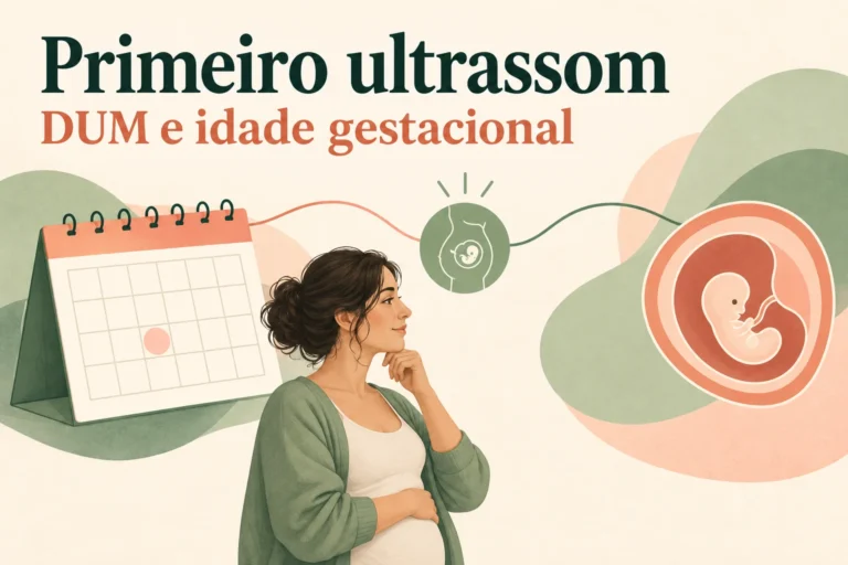 Calendário sem números, gestante e esquema de gestação inicial com os textos Primeiro ultrassom e DUM e idade gestacional.