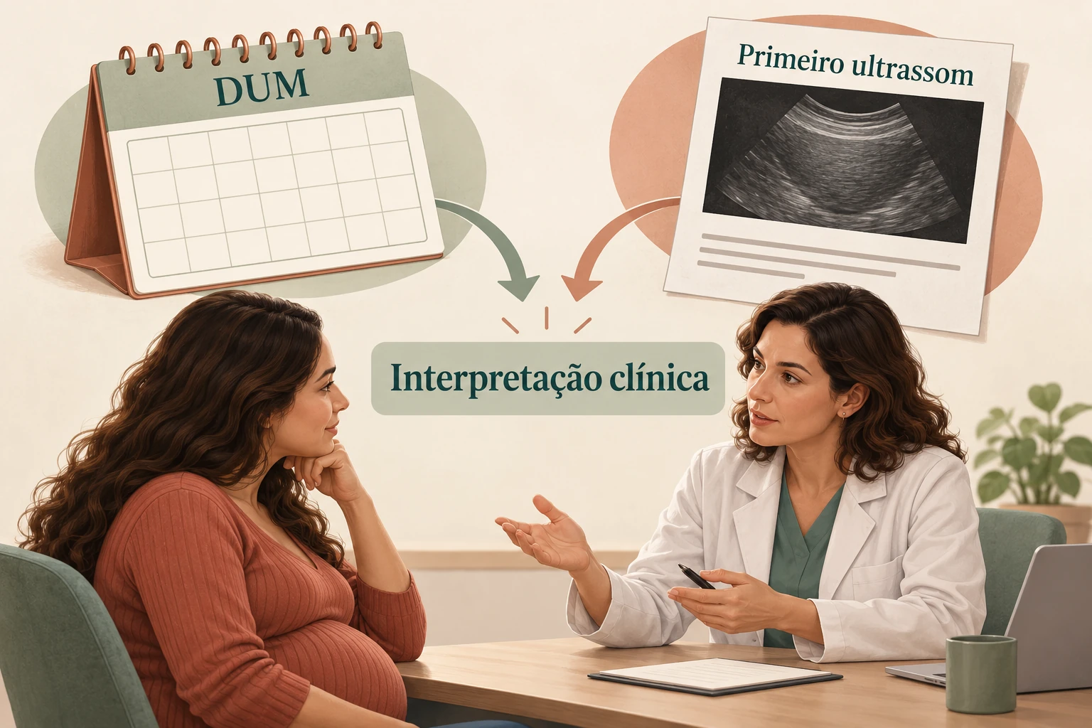 Calendário conceitual e documento de ultrassom convergindo para interpretação clínica.
