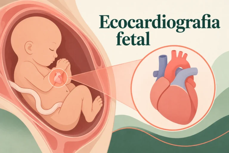 Feto ilustrado com destaque no tórax e ampliação esquemática de um coração.