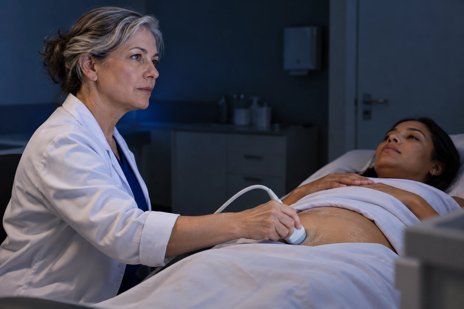 Profissional realiza ultrassom abdominal em uma gestante.