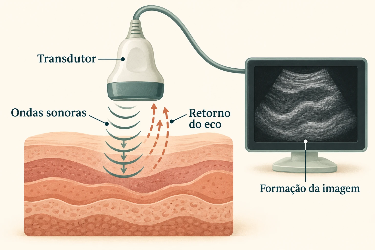 Esquema simples de transdutor, ondas, retorno do eco e formação da imagem.