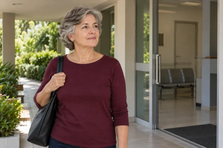Mulher madura com bolsa junto à entrada de uma área de atendimento.