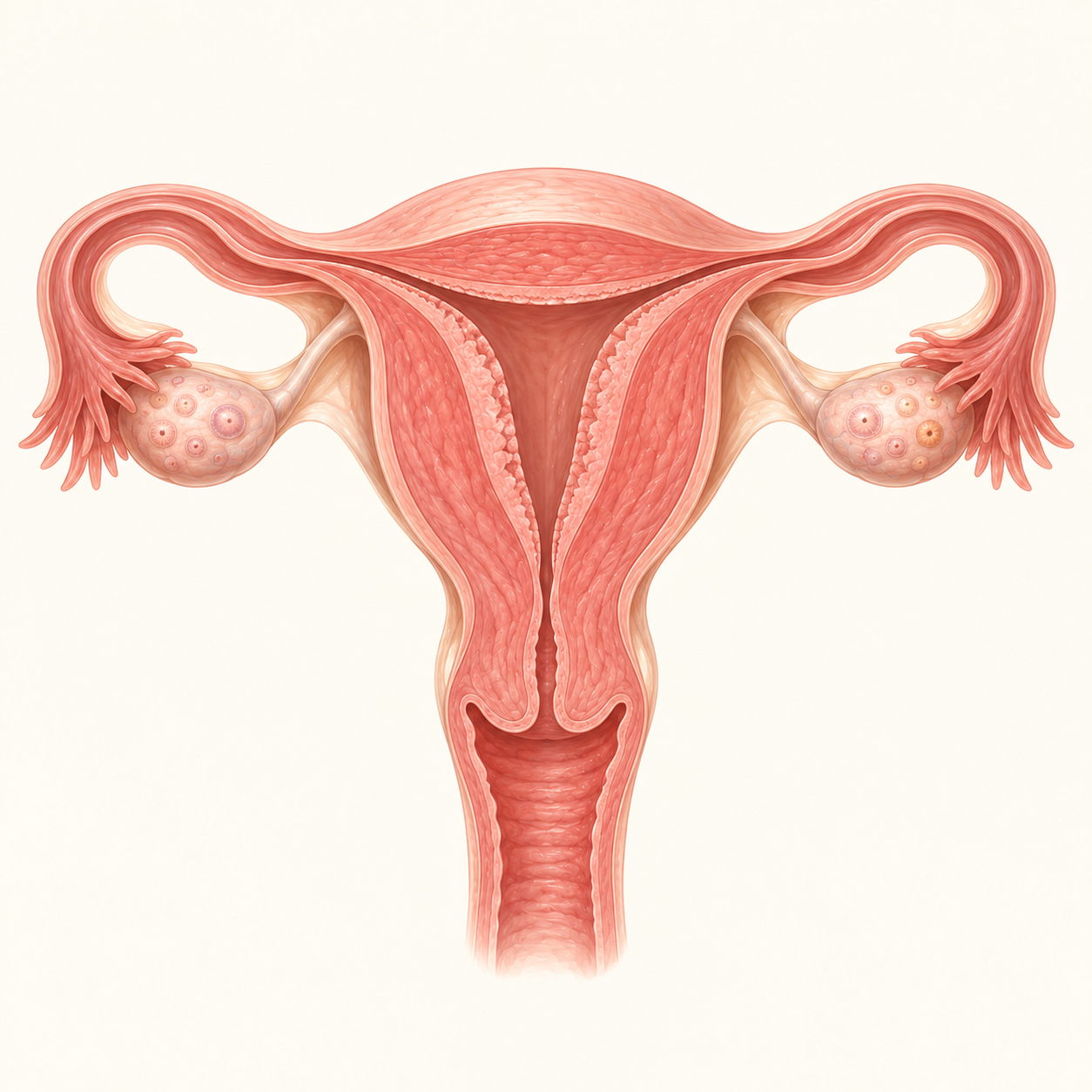 Ilustração do útero e dos ovários no início do ciclo menstrual, antes da concepção.