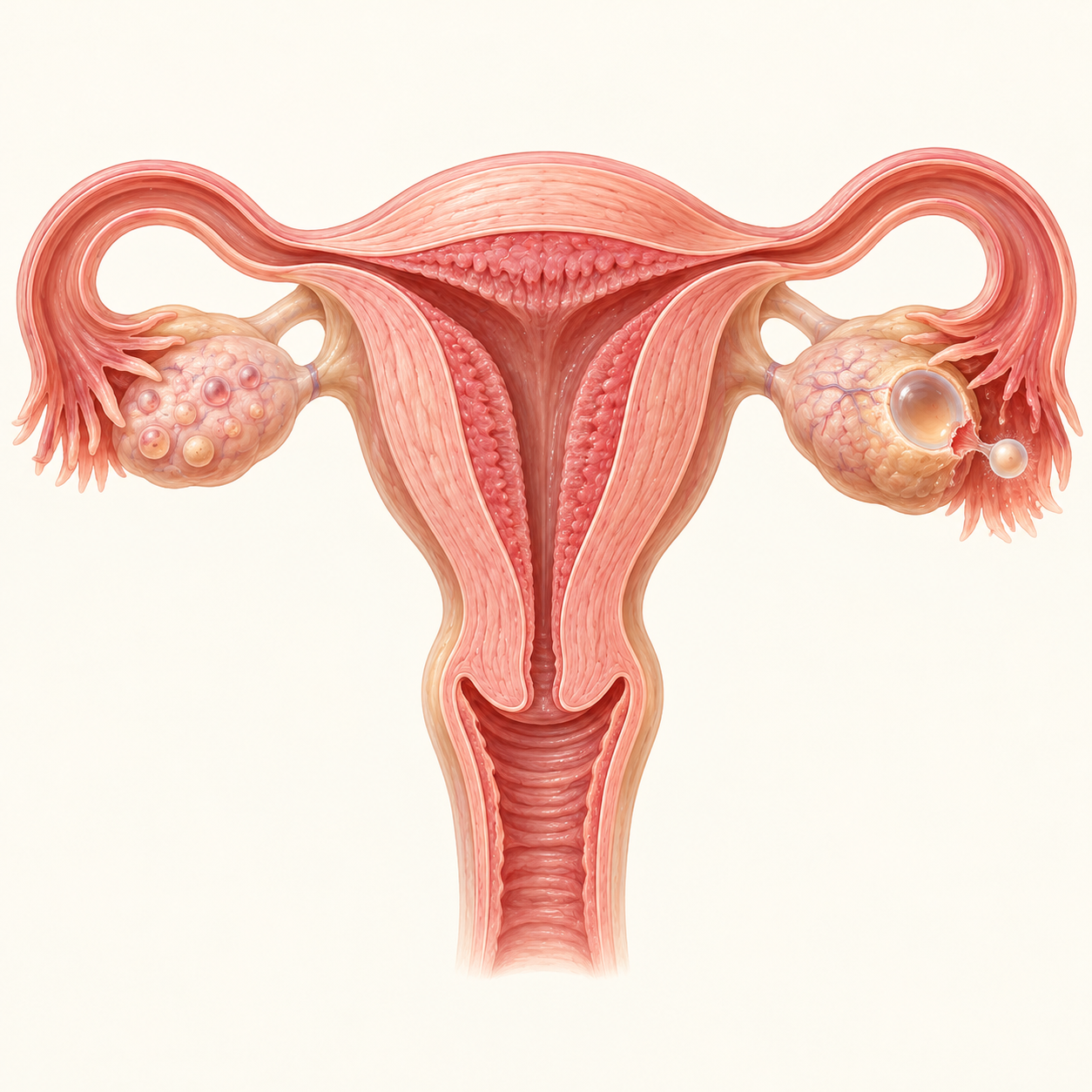 Ilustração do útero e dos ovários durante a ovulação, antes da implantação.