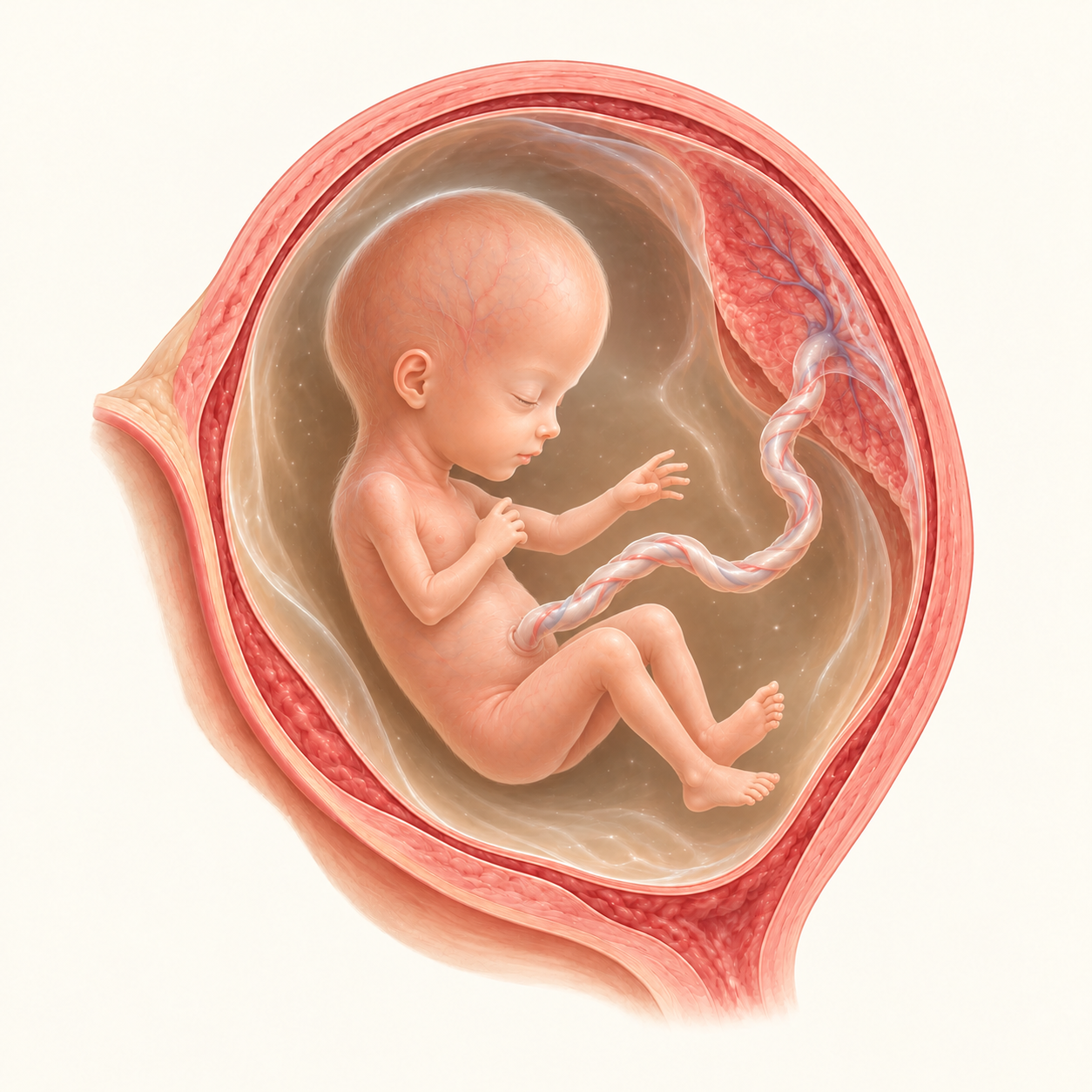 Ilustração do bebê na 12ª semana de gestação, no útero, com placenta e cordão umbilical.