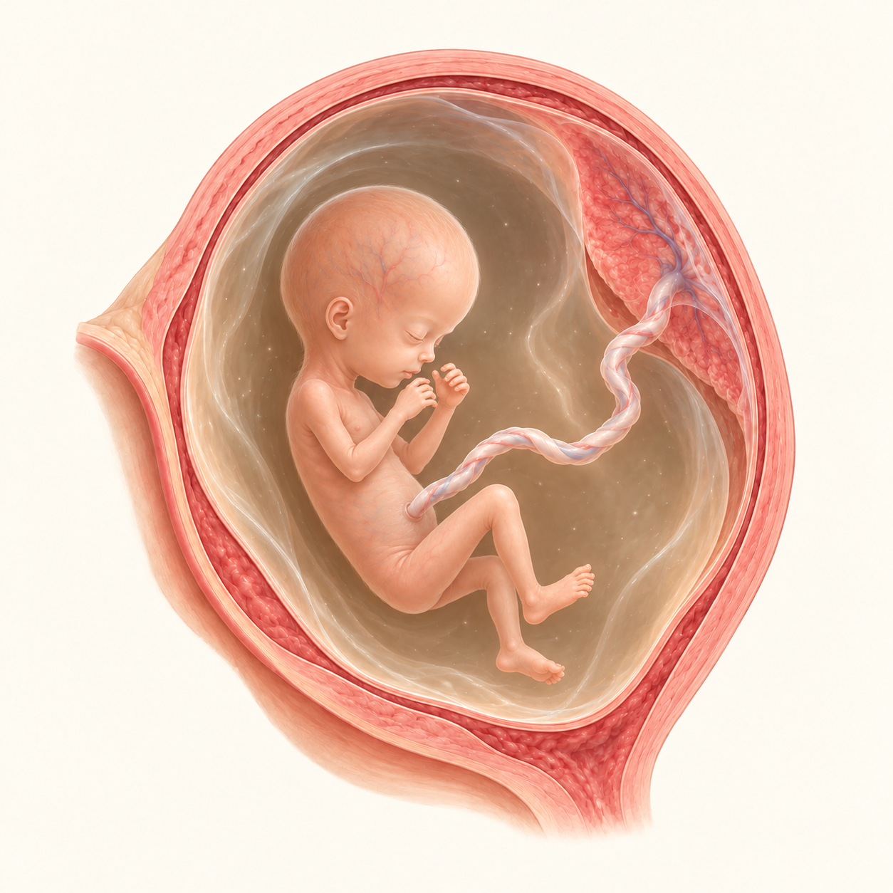 Ilustração do bebê na 13ª semana de gestação, no útero, com placenta e cordão umbilical.