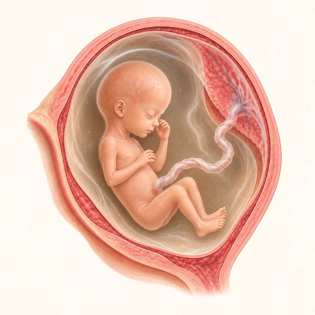 Ilustração do bebê na 14ª semana de gestação, no útero, com placenta e cordão umbilical.