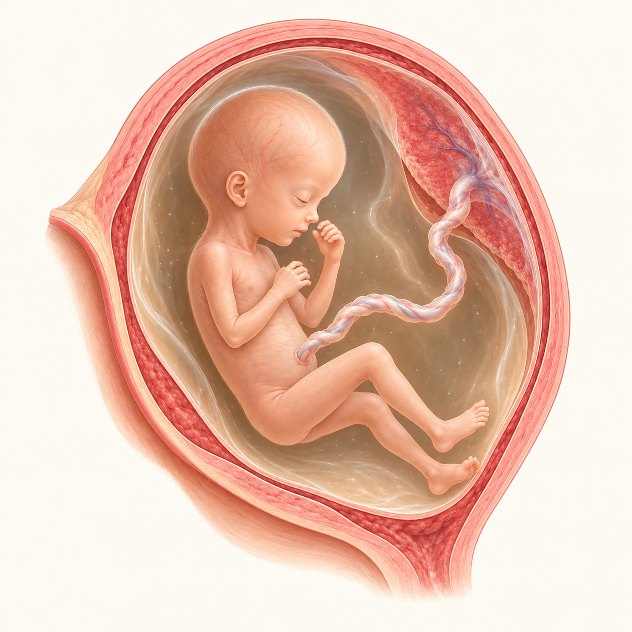Ilustração do bebê na 15ª semana de gestação, no útero, com placenta e cordão umbilical.