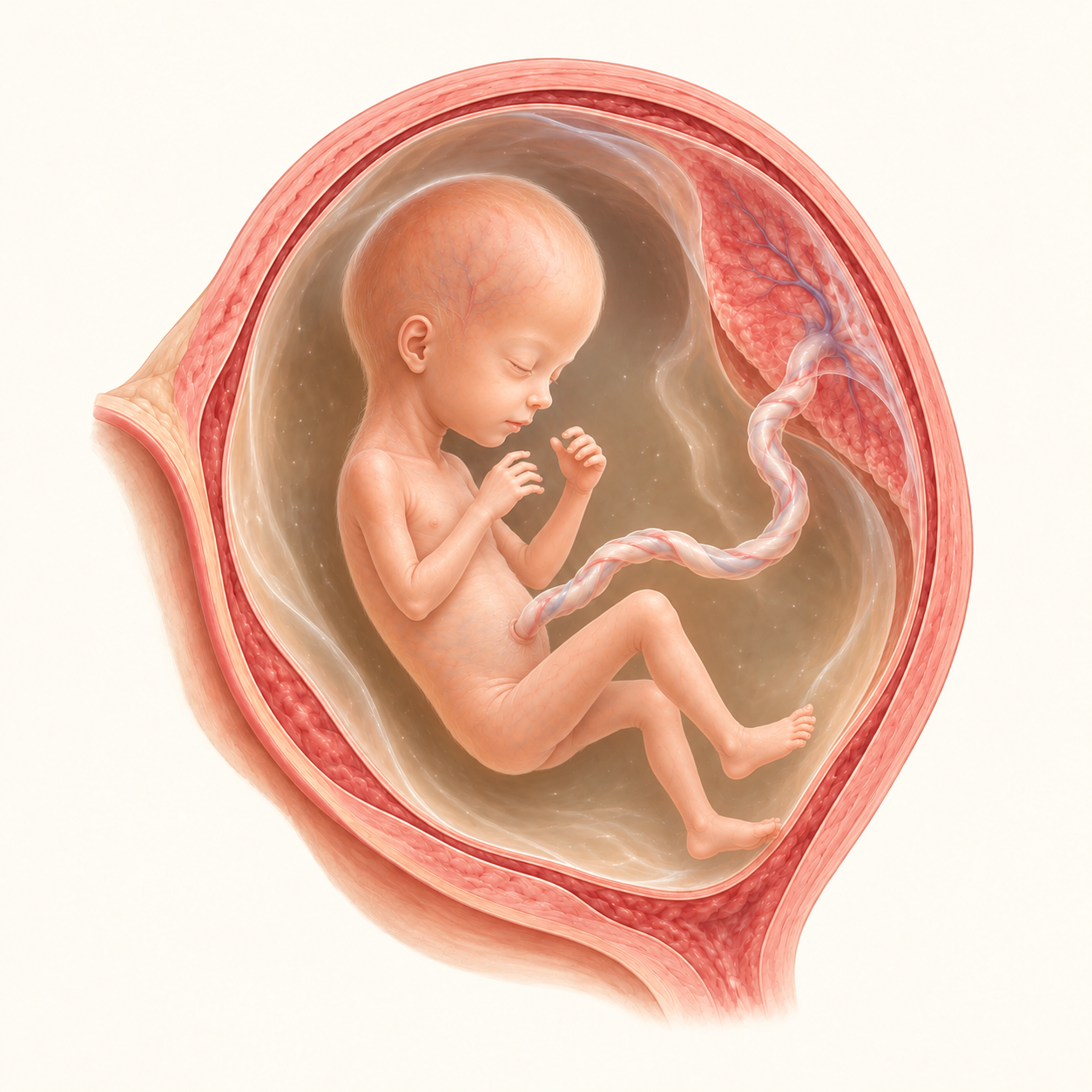 Ilustração do bebê na 16ª semana de gestação, no útero, com placenta e cordão umbilical.