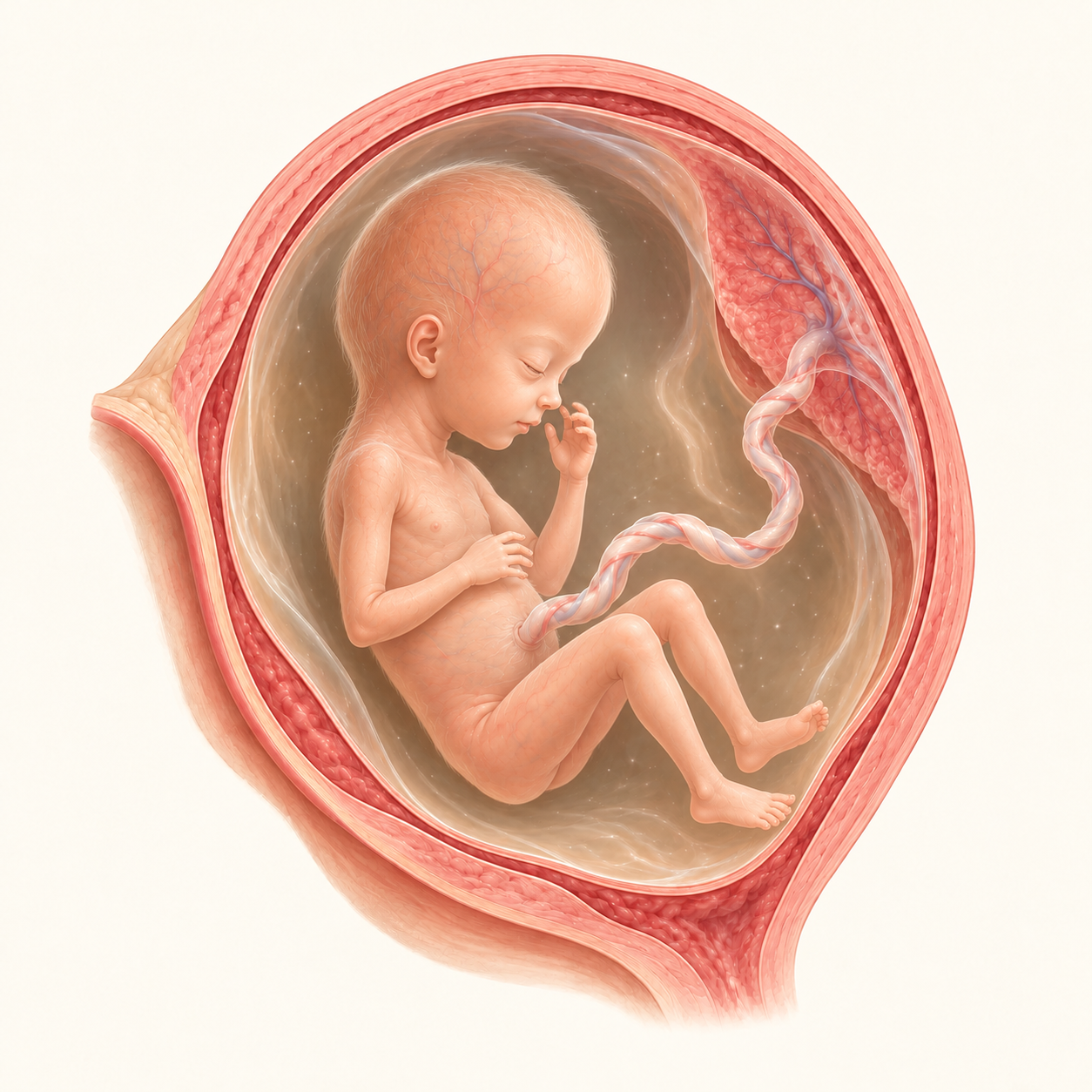 Ilustração do bebê na 18ª semana de gestação, no interior do útero.
