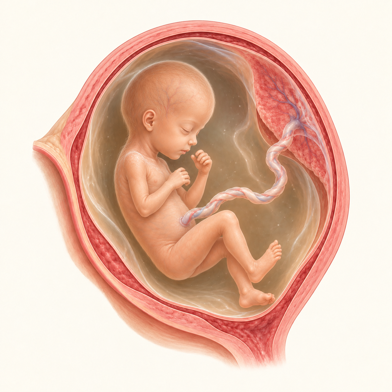 Ilustração do bebê na 19ª semana de gestação, no útero, com placenta e cordão umbilical.