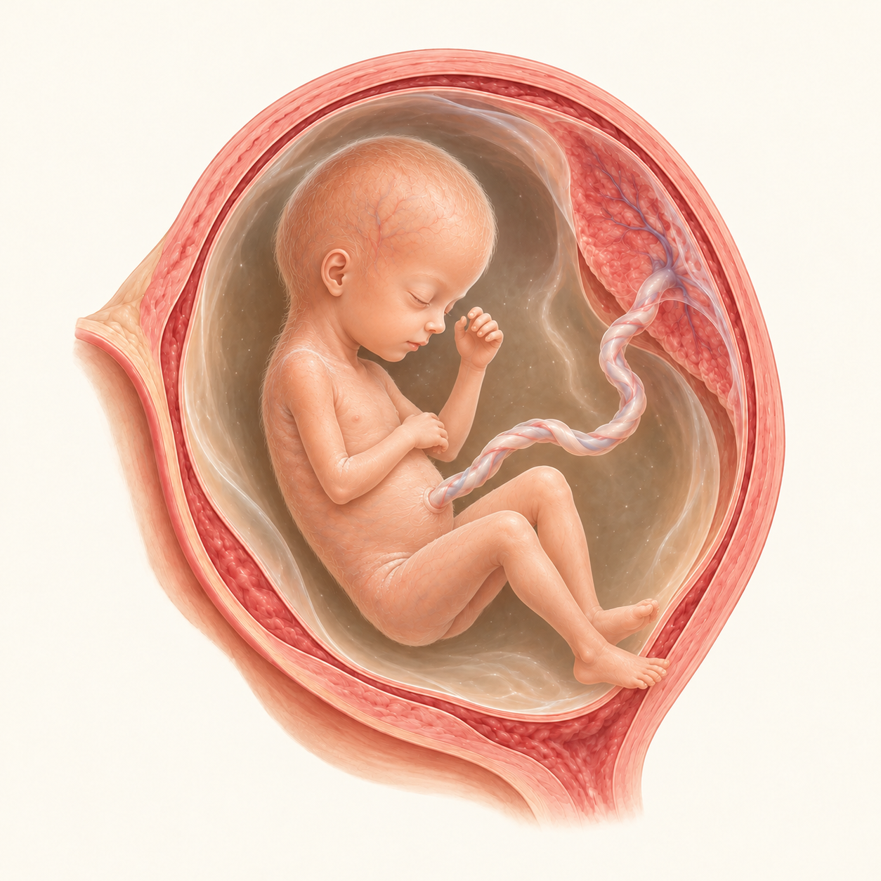 Ilustração do bebê na 21ª semana de gestação, no útero, com placenta e cordão umbilical.