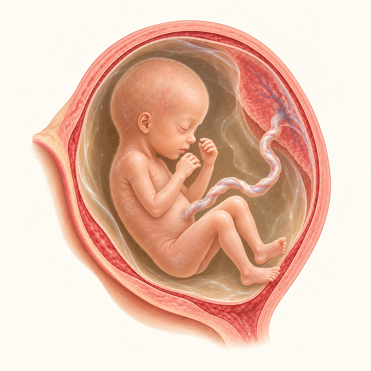 Ilustração do bebê na 22ª semana de gestação, no útero, com placenta e cordão umbilical.