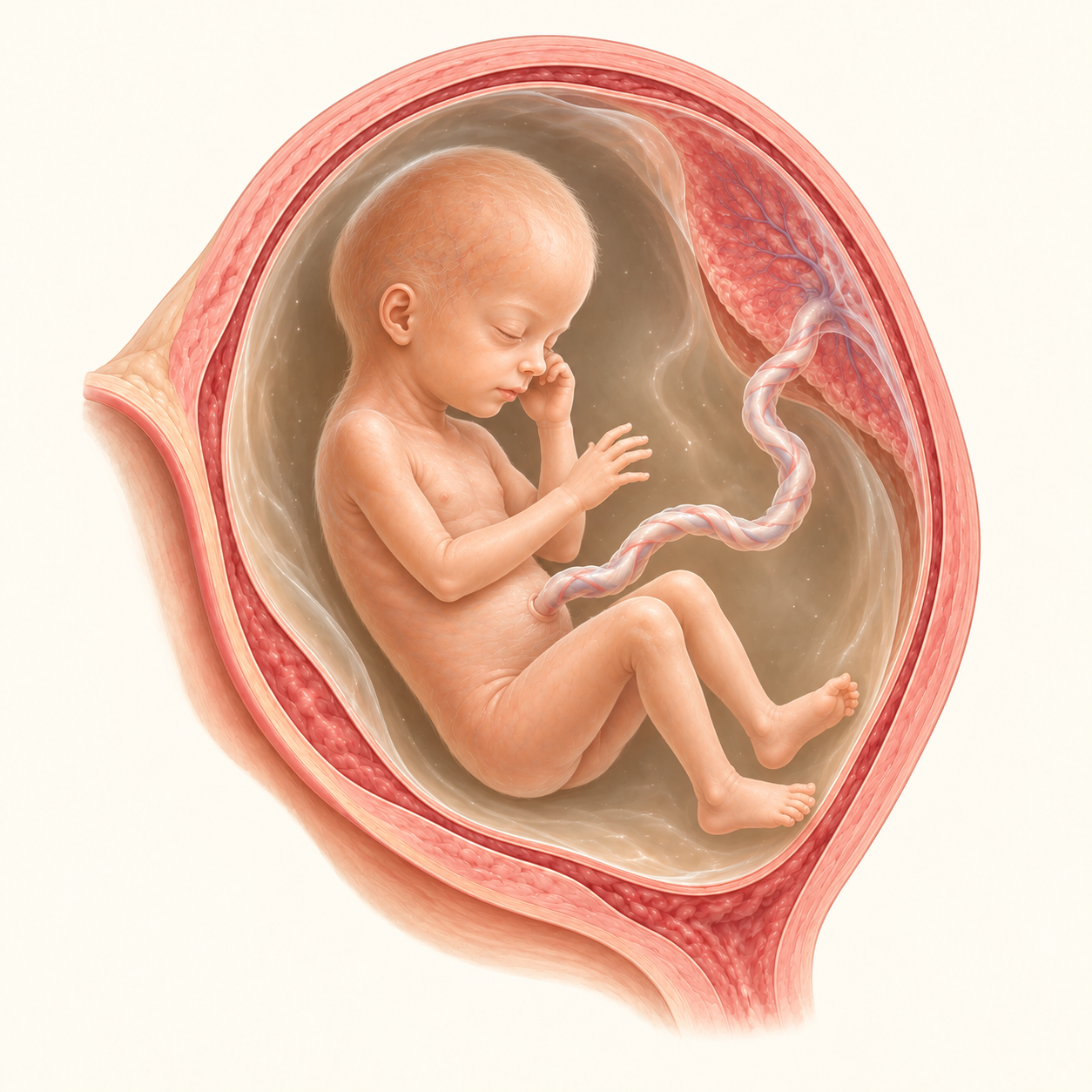 Ilustração do bebê na 23ª semana de gestação, no útero, com placenta e cordão umbilical.