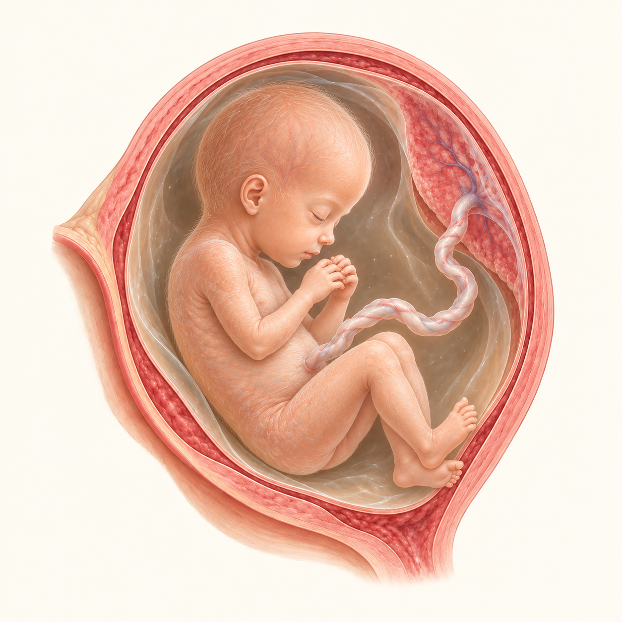 Ilustração do bebê na 24ª semana de gestação, no útero, com placenta e cordão umbilical.