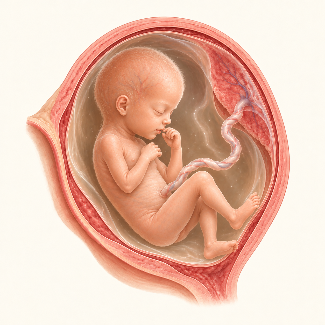 Ilustração do bebê na 25ª semana de gestação, no útero, com placenta e cordão umbilical.