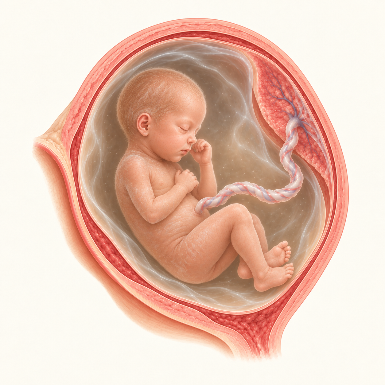 Ilustração do bebê na 26ª semana de gestação, no útero, com placenta e cordão umbilical.