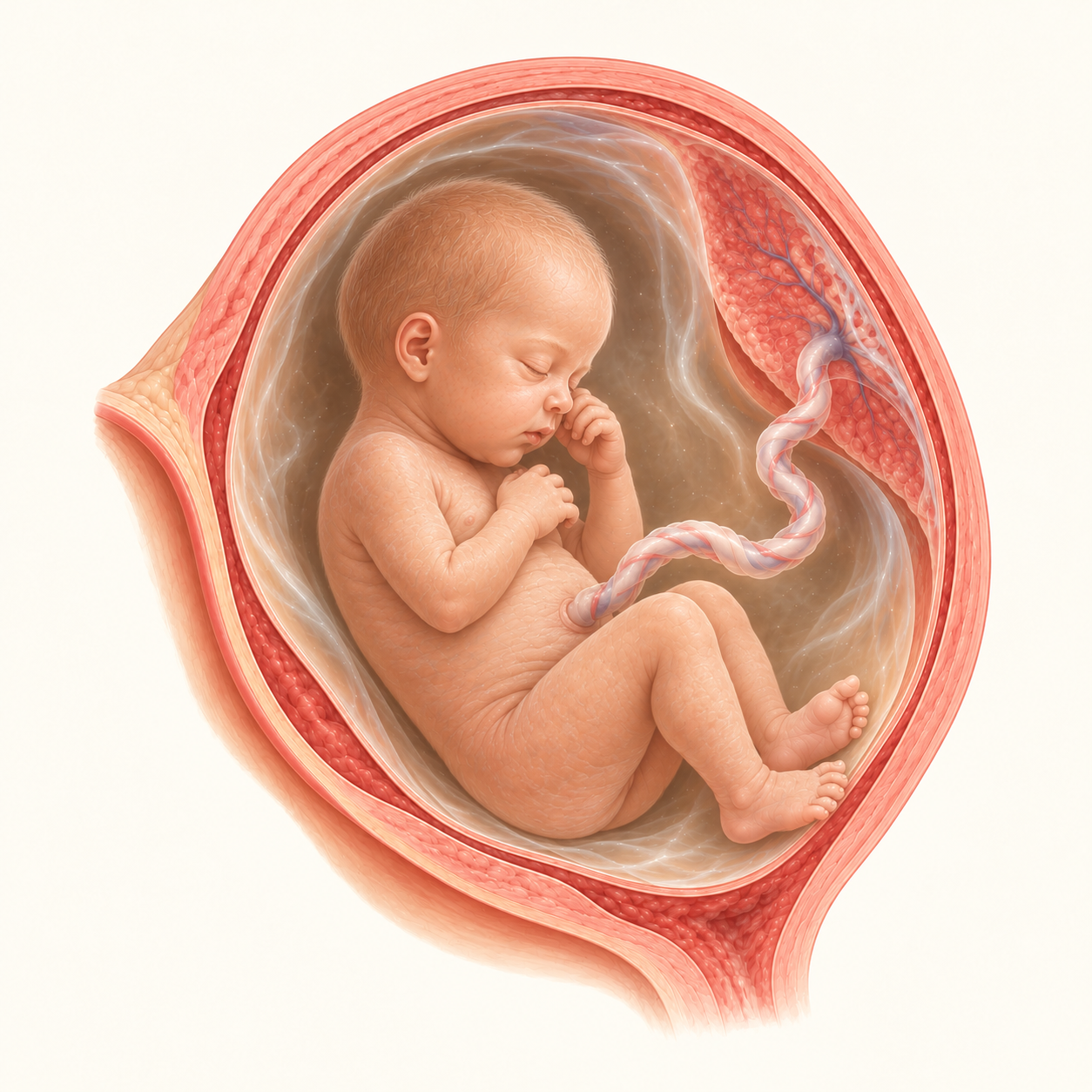 Ilustração do bebê na 28ª semana de gestação, no interior do útero.
