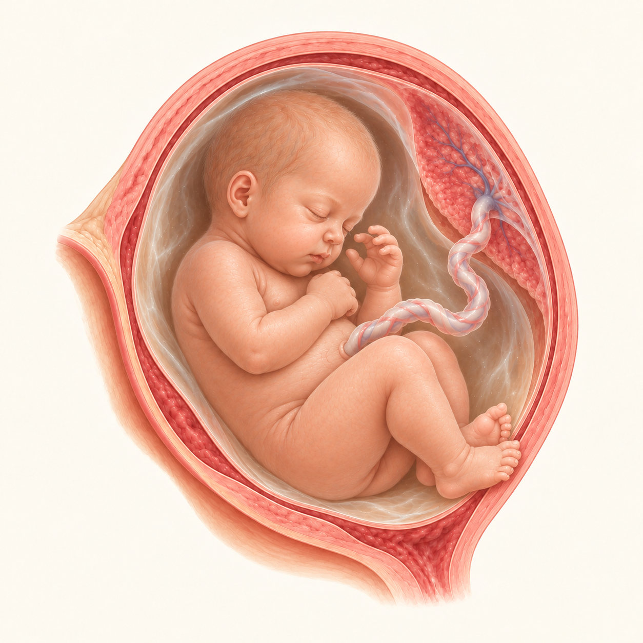 Ilustração do bebê na 32ª semana de gestação, no útero, com placenta e cordão umbilical.