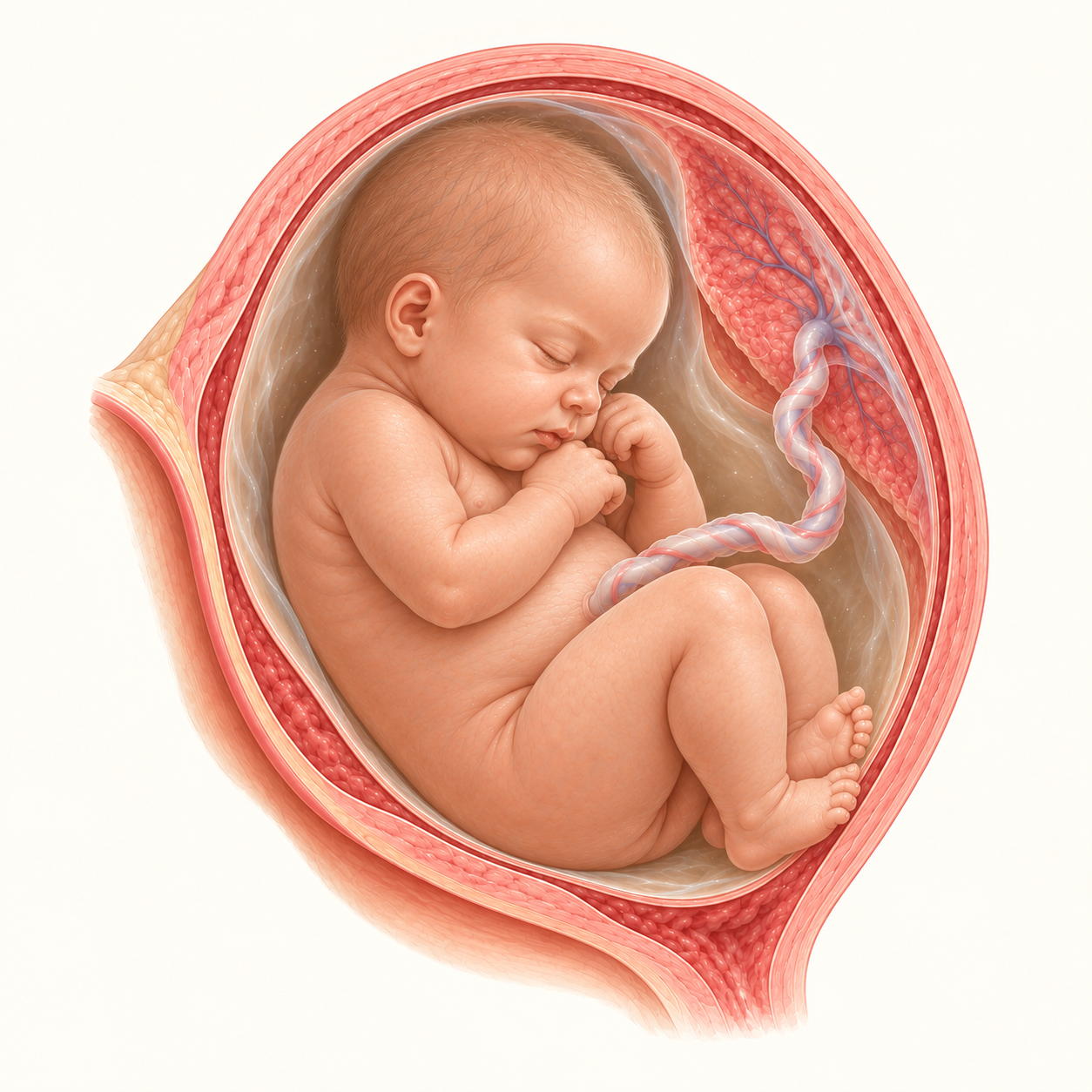Ilustração do bebê na 33ª semana de gestação, no útero, com placenta e cordão umbilical.