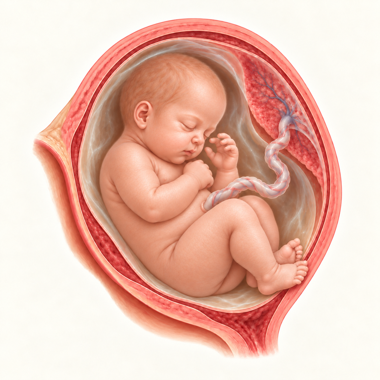 Ilustração do bebê na 35ª semana de gestação, no útero, com placenta e cordão umbilical.