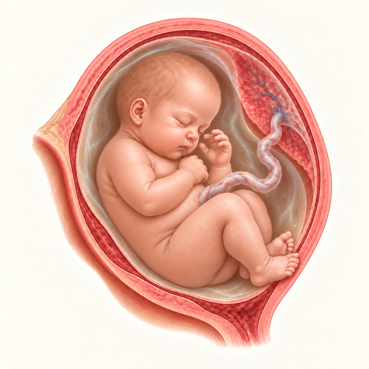 Ilustração do bebê na 38ª semana de gestação, no útero, com placenta e cordão umbilical.