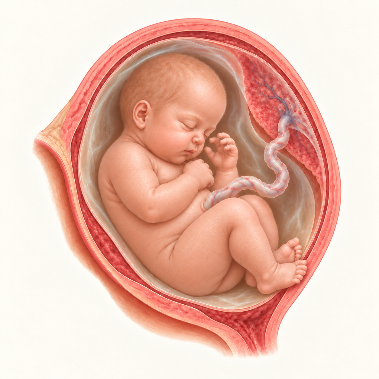 Ilustração do bebê na 39ª semana de gestação, no útero, com placenta e cordão umbilical.