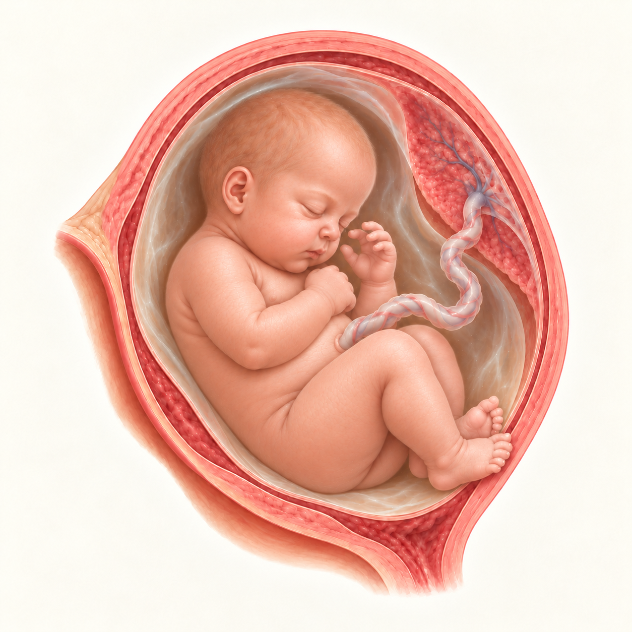 Ilustração do bebê na 40ª semana de gestação, no útero, com placenta e cordão umbilical.