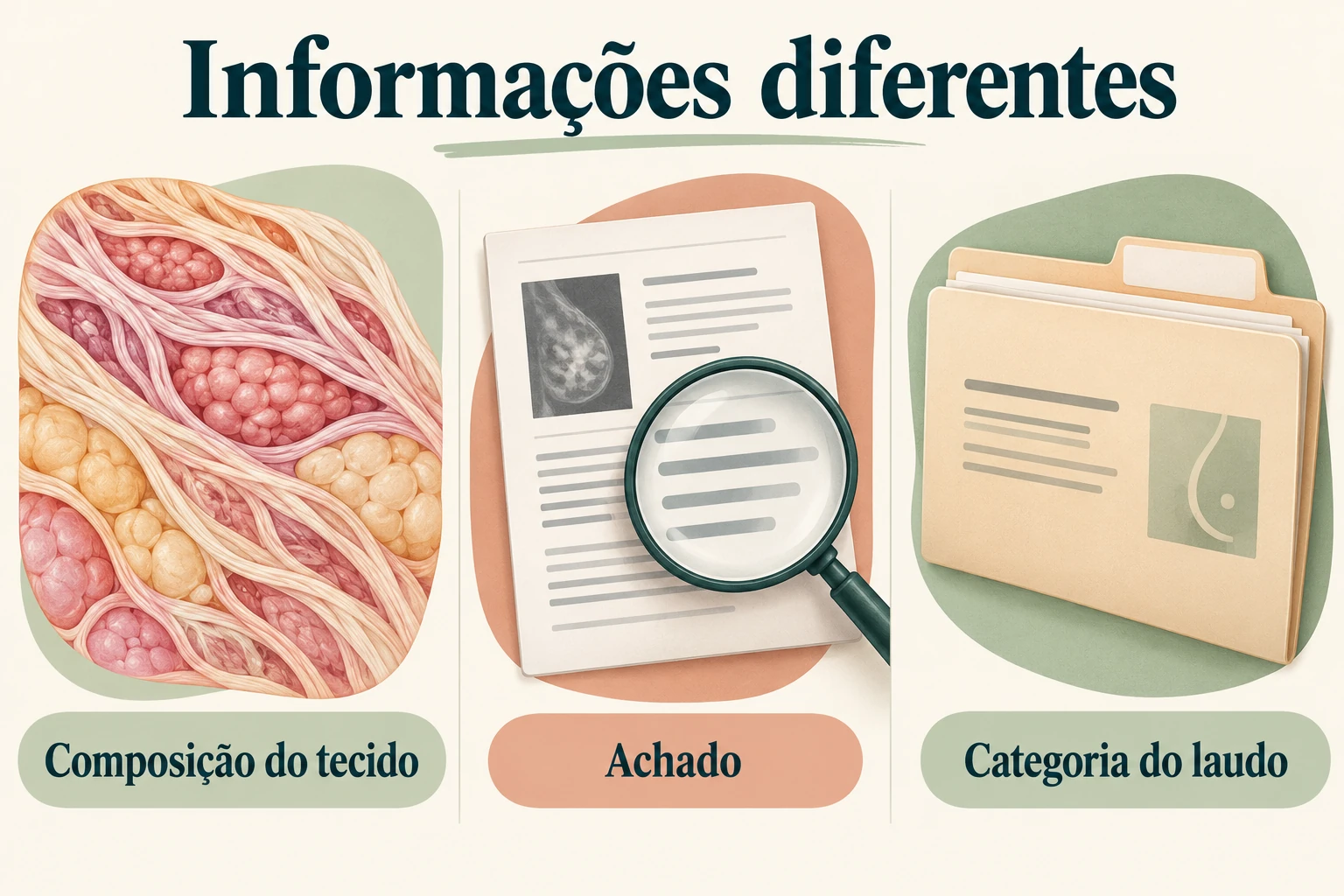 Três quadros conceituais distintos: composição do tecido, achado e categoria do laudo.