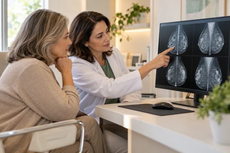 Radiologista explica imagens mamográficas a uma mulher durante uma consulta ilustrativa.
