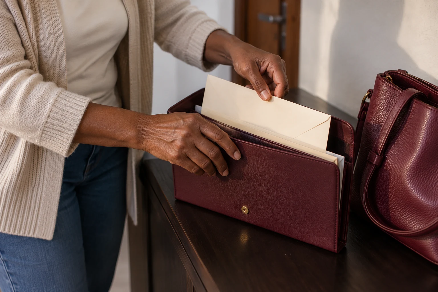 Mãos organizam envelopes fechados em uma pasta ao lado de uma bolsa.