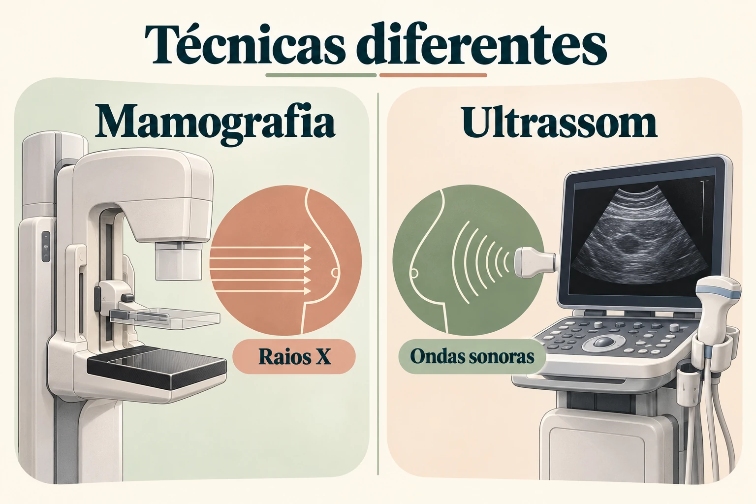 Comparativo ilustrado de mamógrafo e ultrassom, com raios X e ondas sonoras.