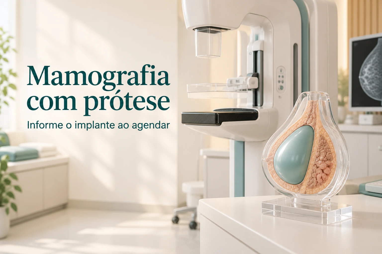 Modelo didático de implante e tecido mamário junto a um mamógrafo, com orientação de informar o implante ao agendar.