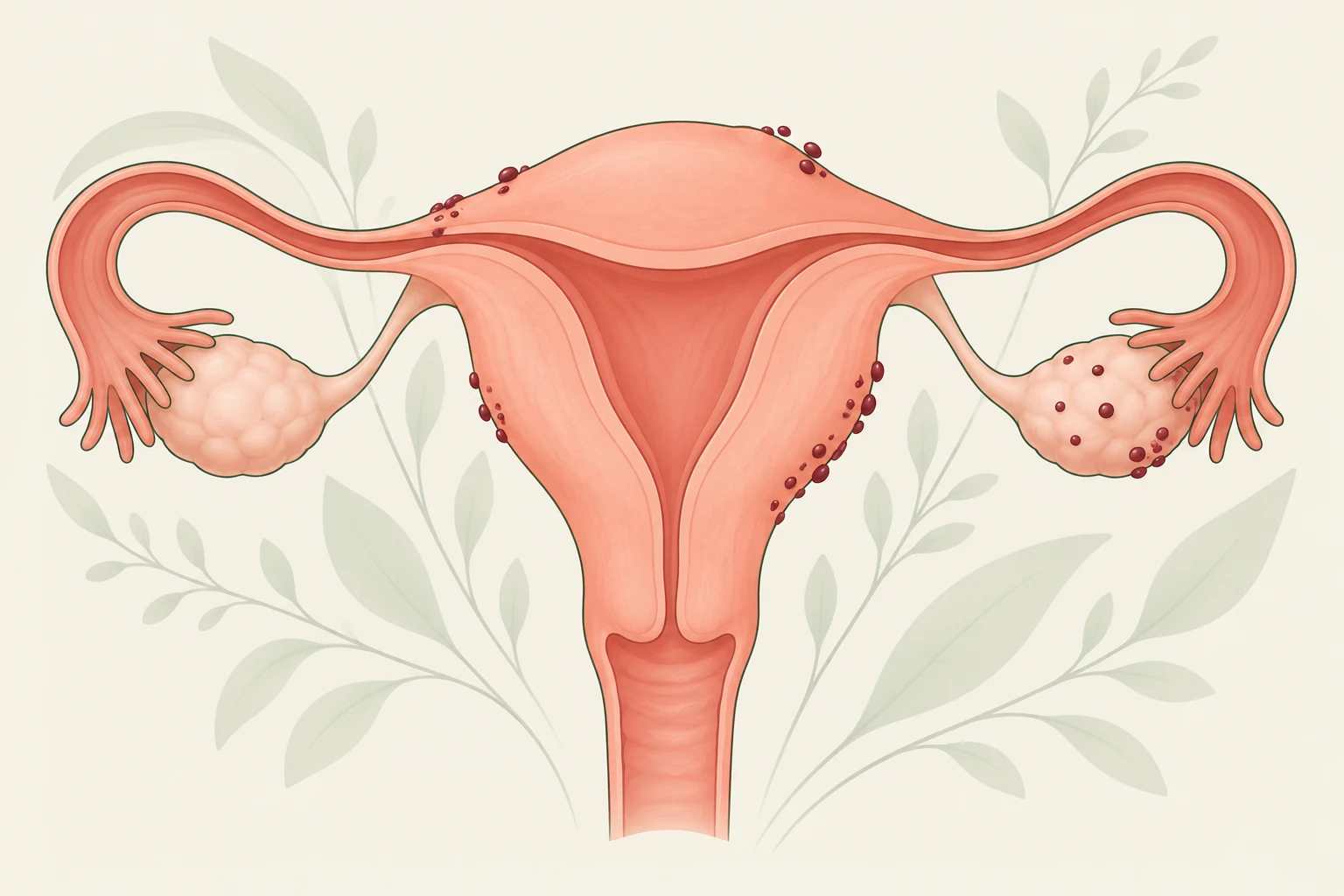Ilustração do útero, tubas e ovários com focos esquemáticos de endometriose nas superfícies externas.