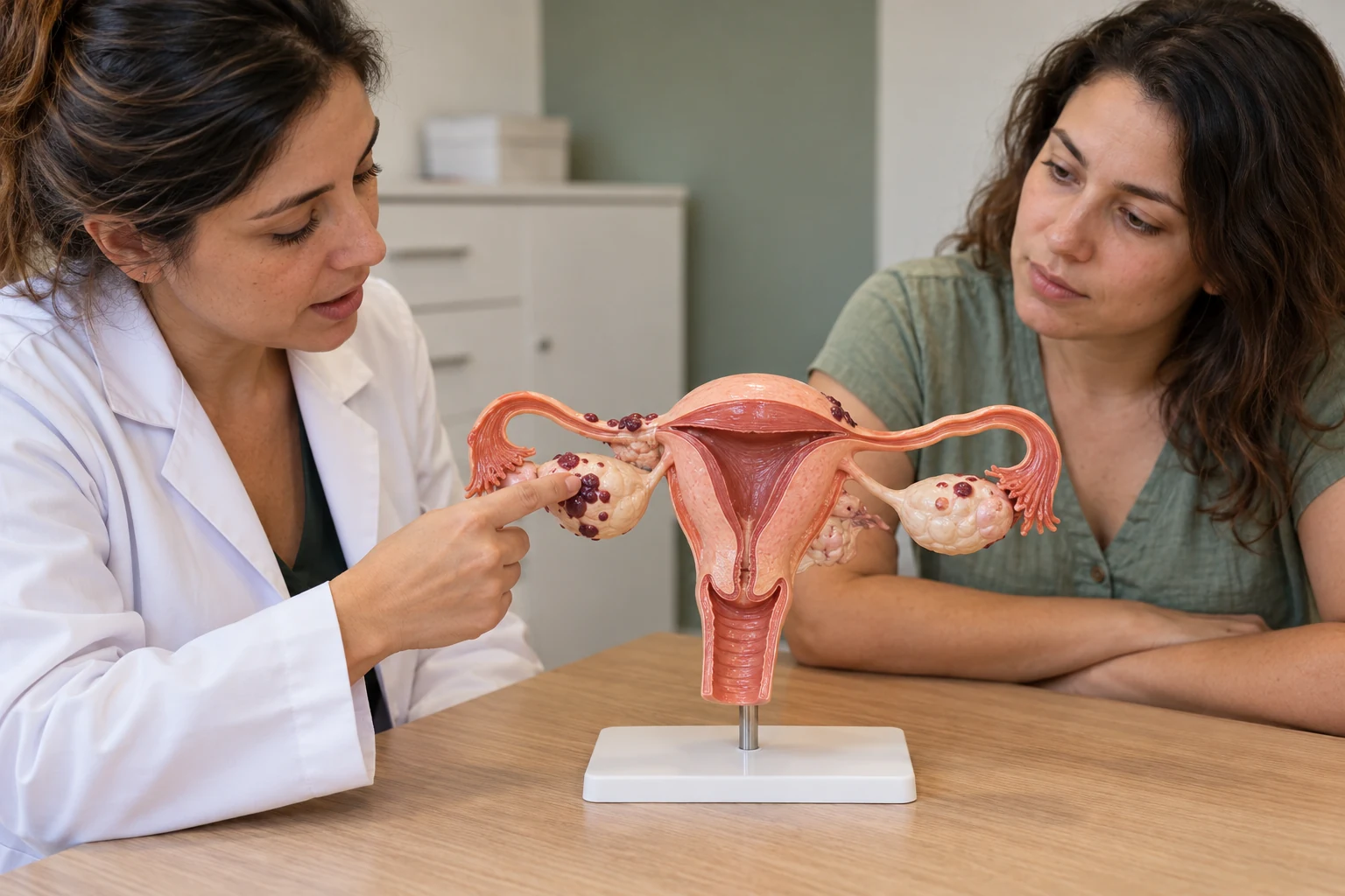 Profissional explica um modelo anatômico com focos representados de endometriose a uma paciente.