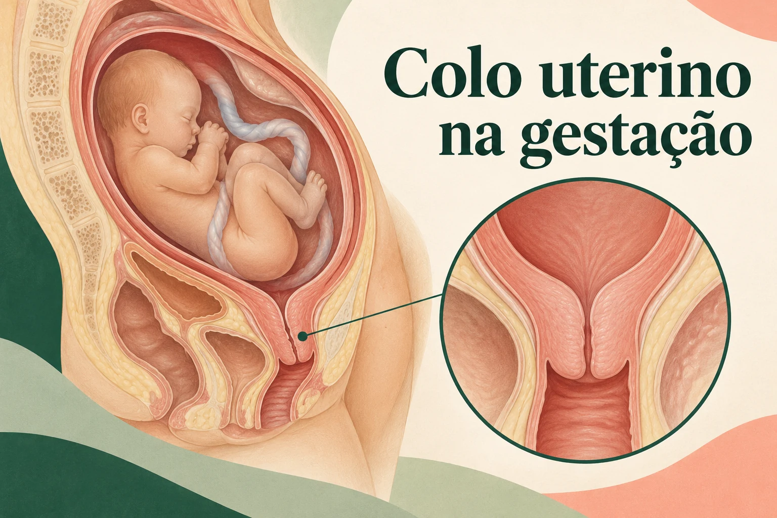 Corte esquemático de útero gestante e ampliação da região do colo uterino.