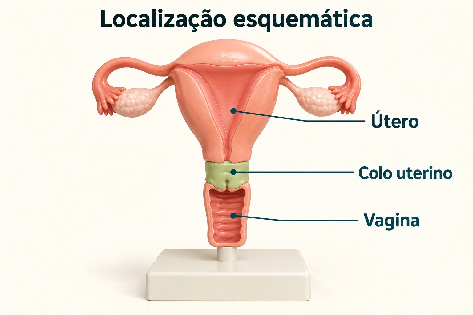 Esquema simples de útero, colo e vagina, com destaque apenas na localização.