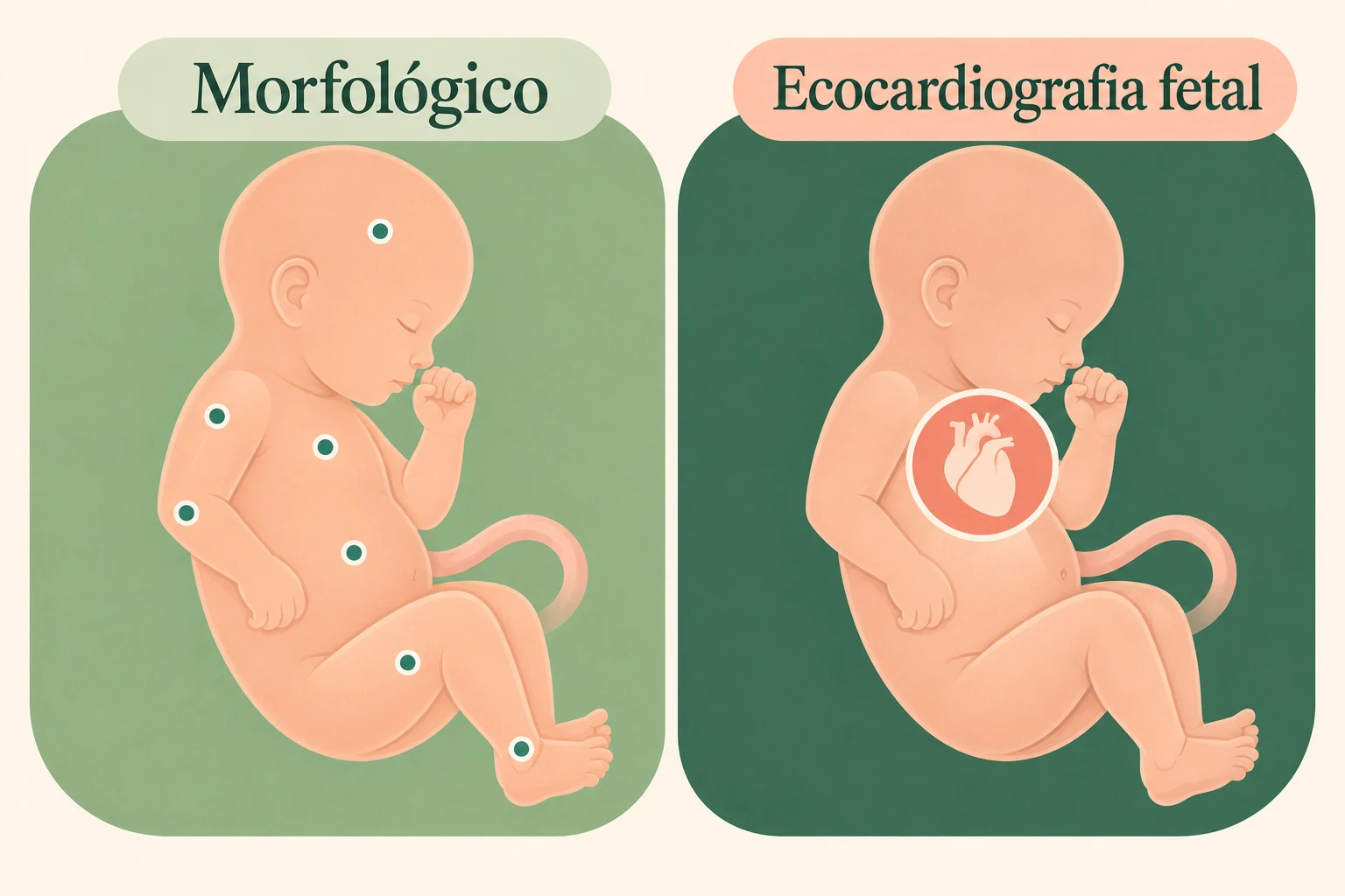 Duas figuras fetais com destaques gerais no morfológico e foco no coração na ecocardiografia.