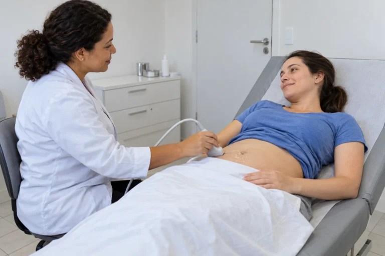 Gestante jovem recebe ultrassom abdominal em sala clínica.