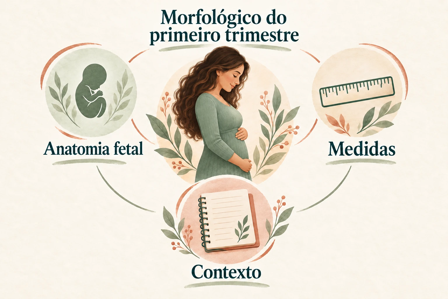 Mapa conceitual com gestação ao centro e três grupos: anatomia, medidas e contexto.