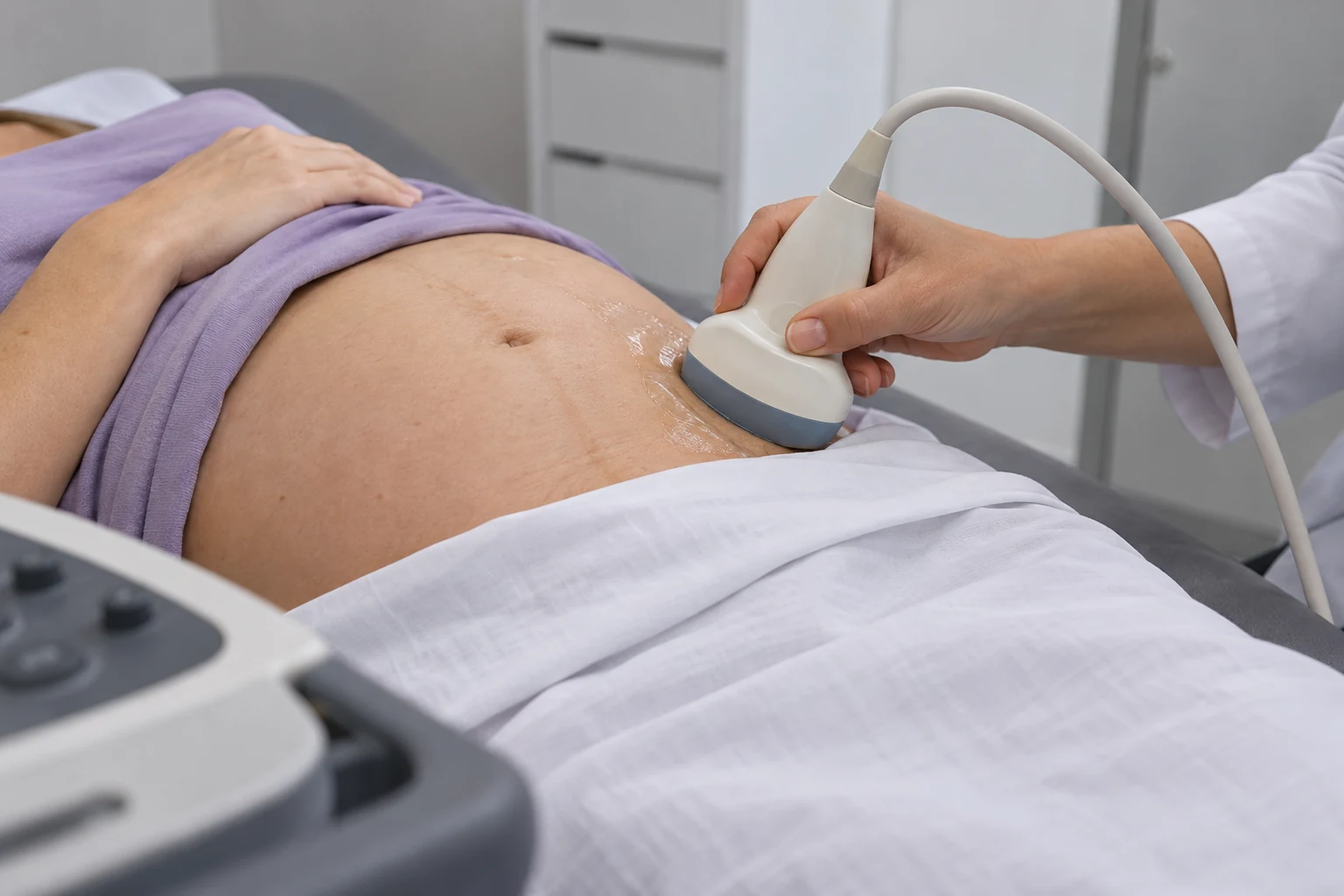 Detalhe de ultrassom abdominal durante a gestação.